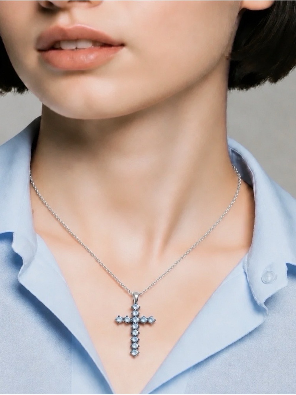Genuine Natural Aquamarine Cross Pendant Necklace with 18”chain